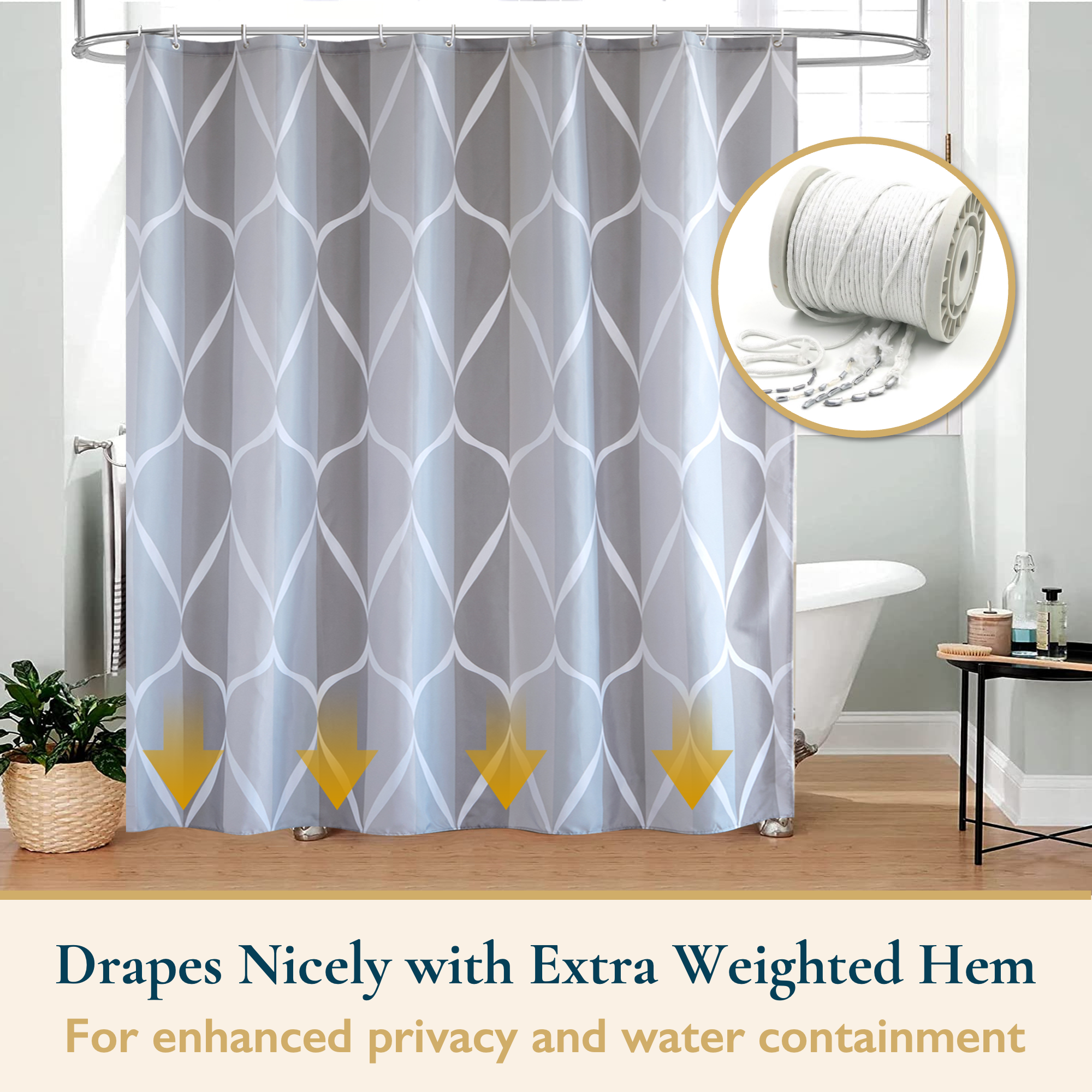 ComfiTime Wavy Shower Curtain with Hooks, 72" x 72", Gray photo 6