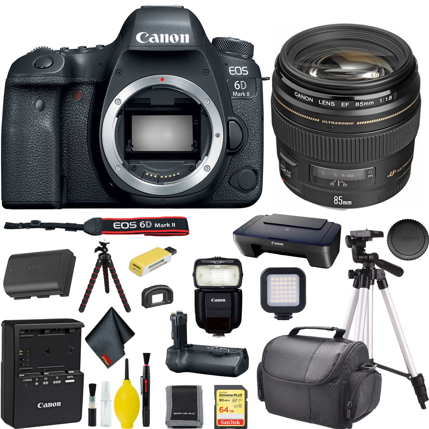 Canon EOS 6D Mark II DSLR Camera w/ 64GB Memory + Battery Grip + Flash