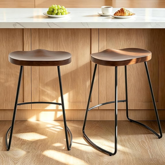 Bar Stools Set of 2, 24'' Counter Height Bar Stools, Rustic Wooden Saddle Seat Barstools with Black Metal Base, Backless Bar Chairs for Kitchen Dining Island (Walnut)