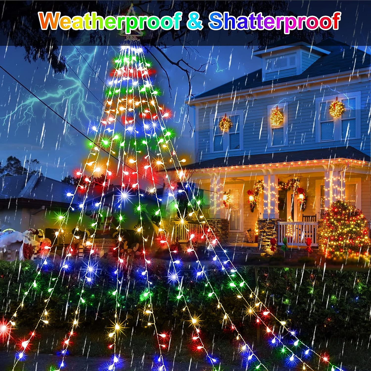 350LEDs Waterfall Christmas Tree Lights with Topper Moon Star 8 Modes Timer  Q