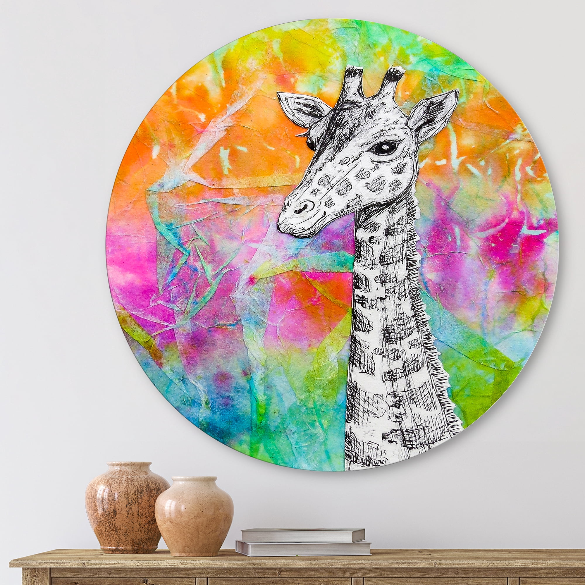 Monochrome Giraffe Drawing On Bright Rainbow 11 in x 11 in Painting Art Prints, by Designart