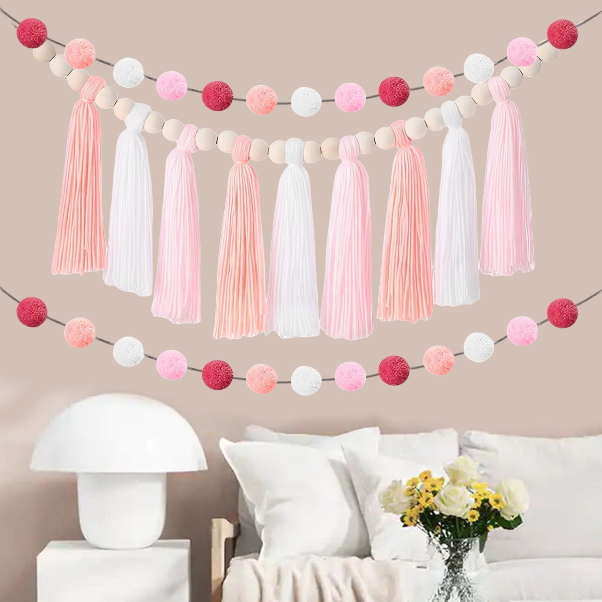 Pink and White Garland, Girl Nursery Ideas, Pom Pom Wall Hanging