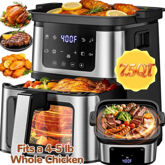 7.5 QT 8-in-1 Air Fryer Oven with Viewing Window & Light, Large Capacity Digital Air Fryer with Top Searing Grill, 95% Less Oil Cooking, Nonstick Easy-Clean Basket, Includes 100 Liners, Black