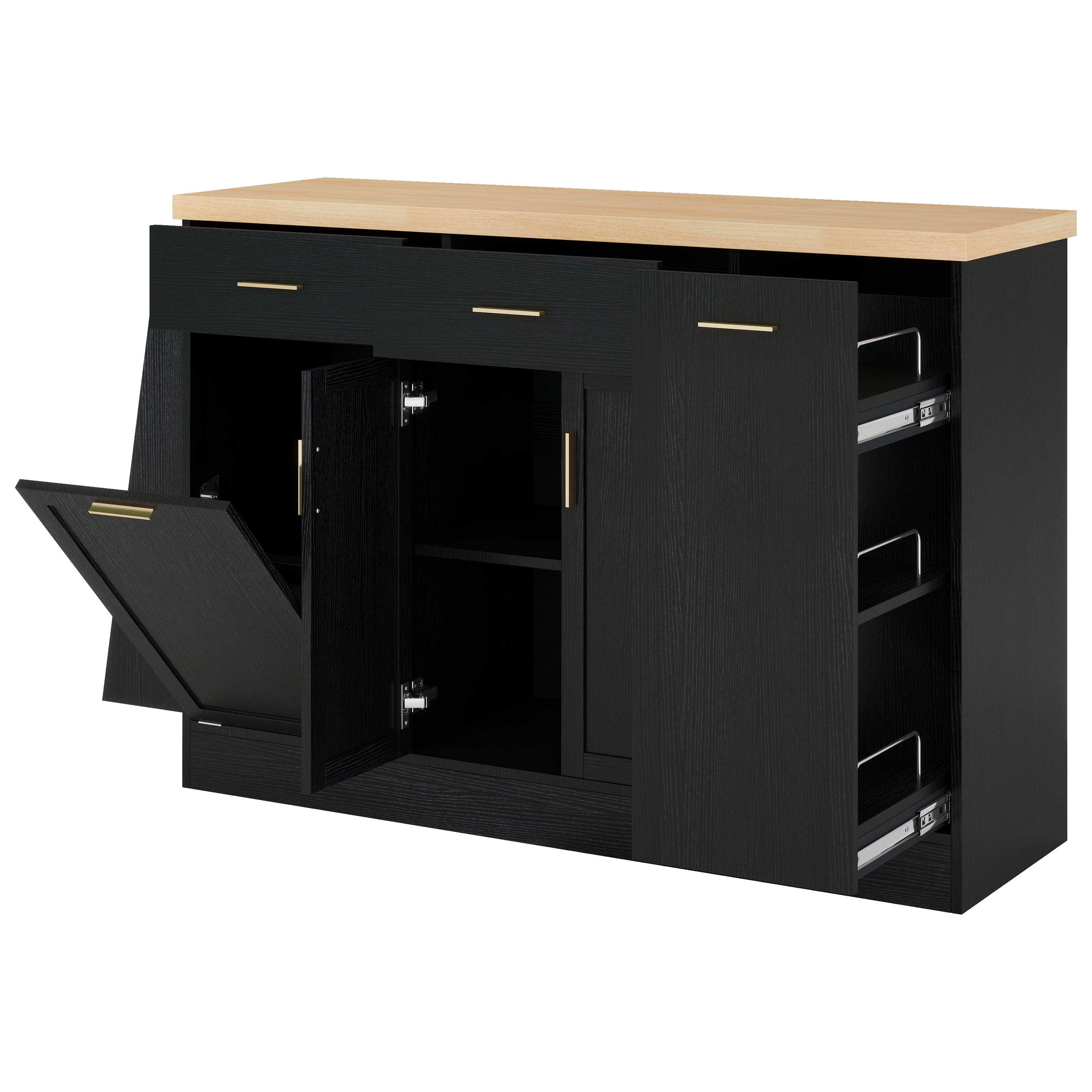 Euroco Farmhouse Buffet Cabinet with Tilt Out Trash Can,48.8" Sideboard Coffee Bar Cabinet with 2 Drawers,Sliding Door Cabinet & 3-Tier Spice Rack,Kitchen Island Table for Kitchen Living Room,Black