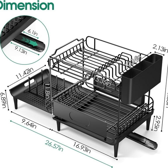 Dish Drying Rack for Kitchen Counter, Expandable 2 Tier Dish Rack, Large Capacity Dish Drainer with Drainboard Multifunctional Dish Strainer with Removable Cutlery Holder Black