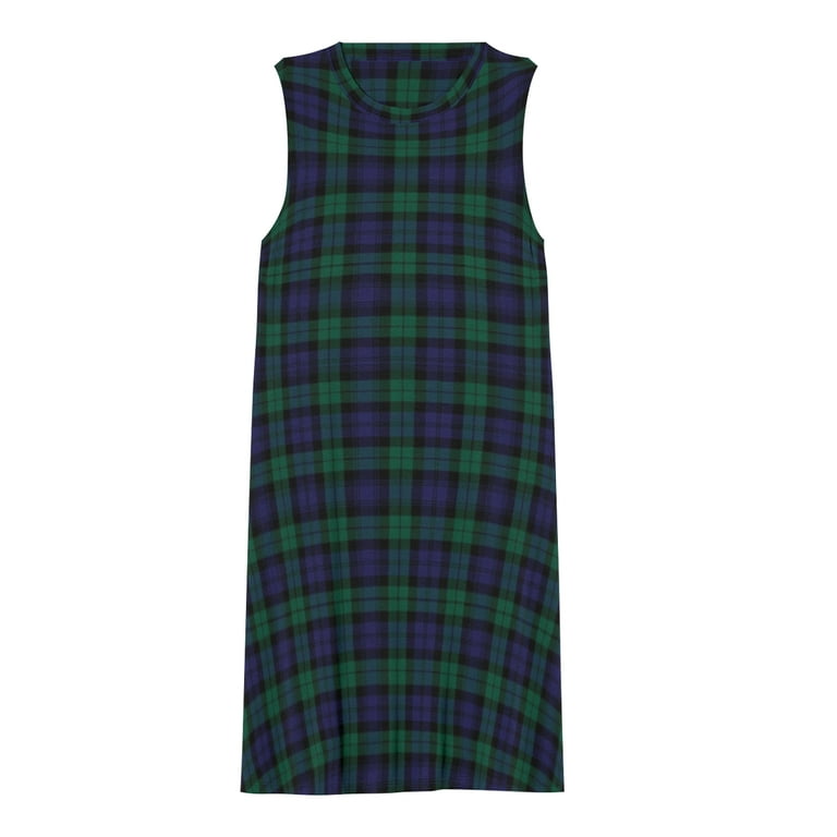 Blackwatch Tartan Modern Cute Blue and Green Plaid Spring Summer Dresses  for Women Fashion T-shirt Dress Casual Sleeveless Loose Sundress with  Pockets