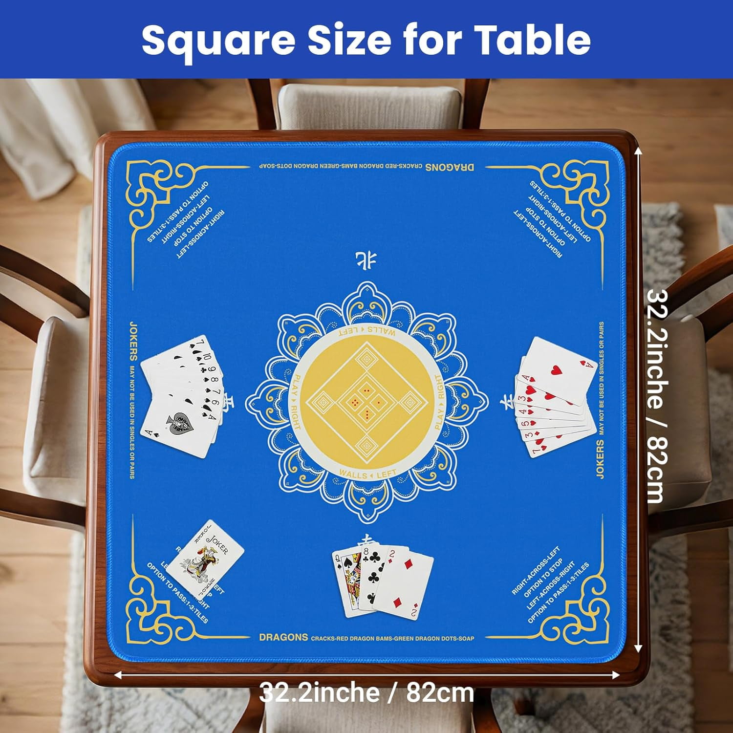 Mahjong Mat with Rules, 32.2 Inch Square Mahjong Mats for Table, Noise Reduction Mah Jong Mat, Rubber Anti-Slip Base for Board Games, Tiles Game & Dominoes Blue Flowers
