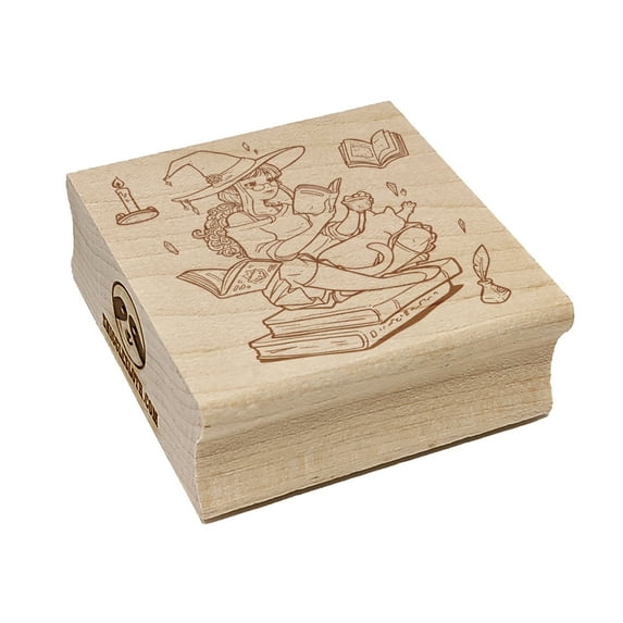 Studious Witch Reading Books with Cat Halloween Square Rubber Stamp Stamping Scrapbooking Crafting - Large 2.75in