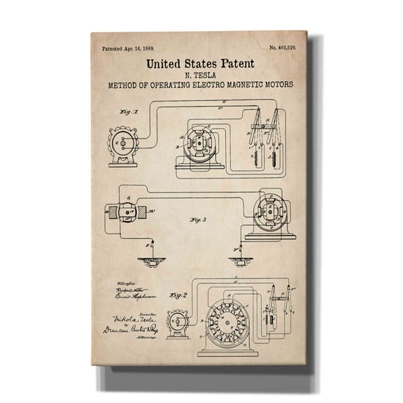 Epic Graffiti "Operating Tesla Motor Blueprint Patent Parchment" Giclee Canvas Wall Art, 40"x26"