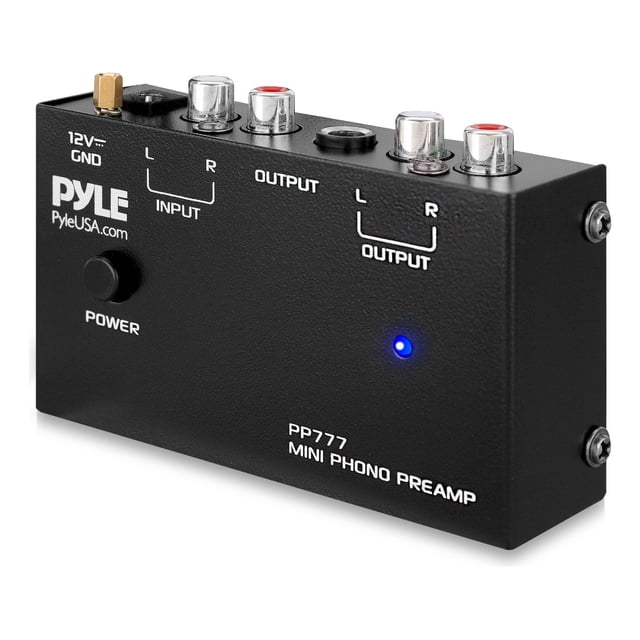 Preamplificador Phono Tocadiscos Pyle, Preamplificador Estéreo con Entrada/Salida RCA, Bajo Ruido, Alimentado por Adaptador de 12V DC, Ideal para Vinilos y Tocadiscos, PP777