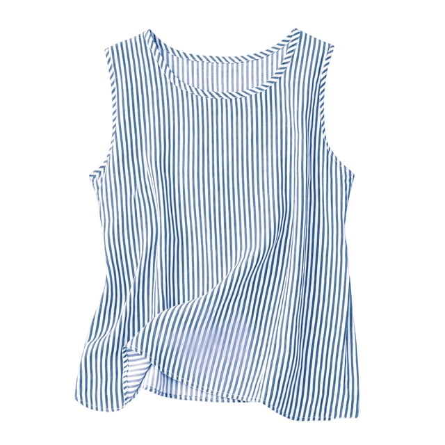 FAVIPT Débardeurs à Rayures en Coton pour Femmes Printemps Été Décontractés Fluides Chemises Vichy Col Ras du Cou Sans Manches Tunique Confortable Bleu,TG