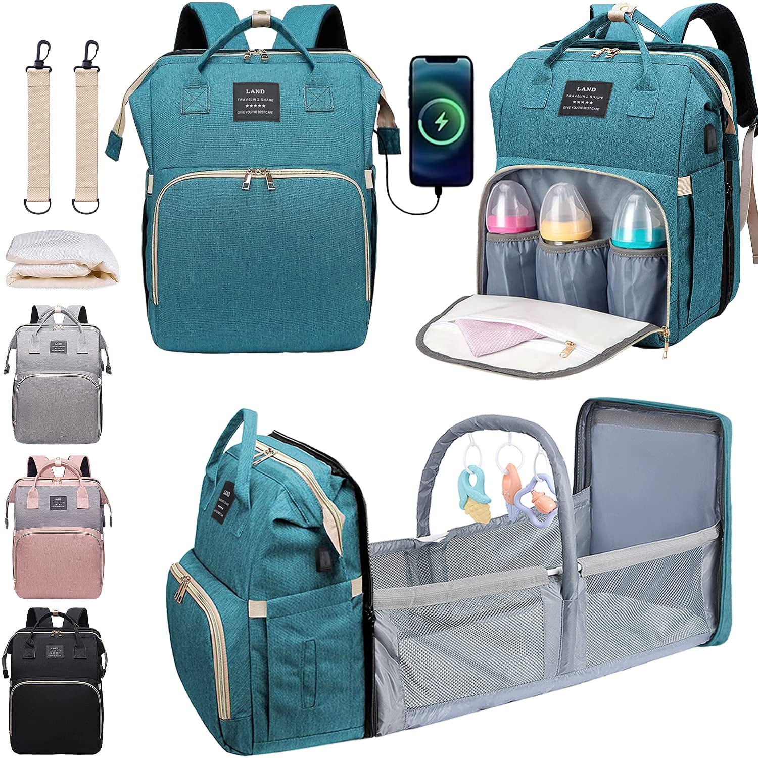 NM Diaper Bag, All-in-One Baby Bags for Boy Girl, Large Backpack with  Portable Changing Pad, Mosquito Net, Stroller Straps, Pacifier Case , USB  Charging Port and Insulated Pockets (40X30X6 CM)- Grey 