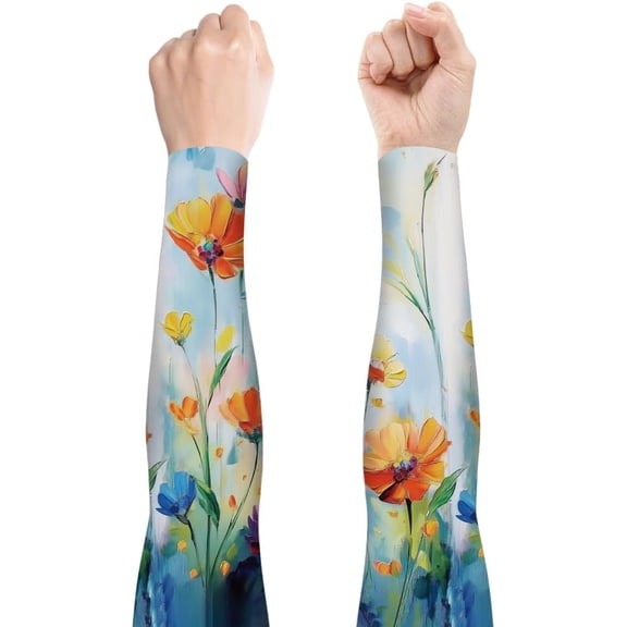 1 Pair Gardening Sleeves Oil Painting Flowers Pattern UV Protection Arm Sleeves Women Men Polyester Anti-Scratch Arm Sleeves for Garden Outdoor Sports
