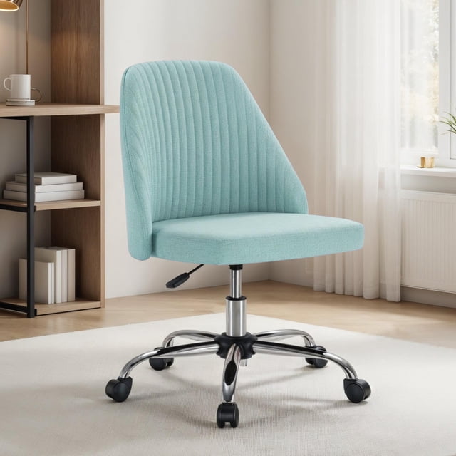 Silla de escritorio de oficina simple de lujo sin brazos, color verde azulado con ruedas
