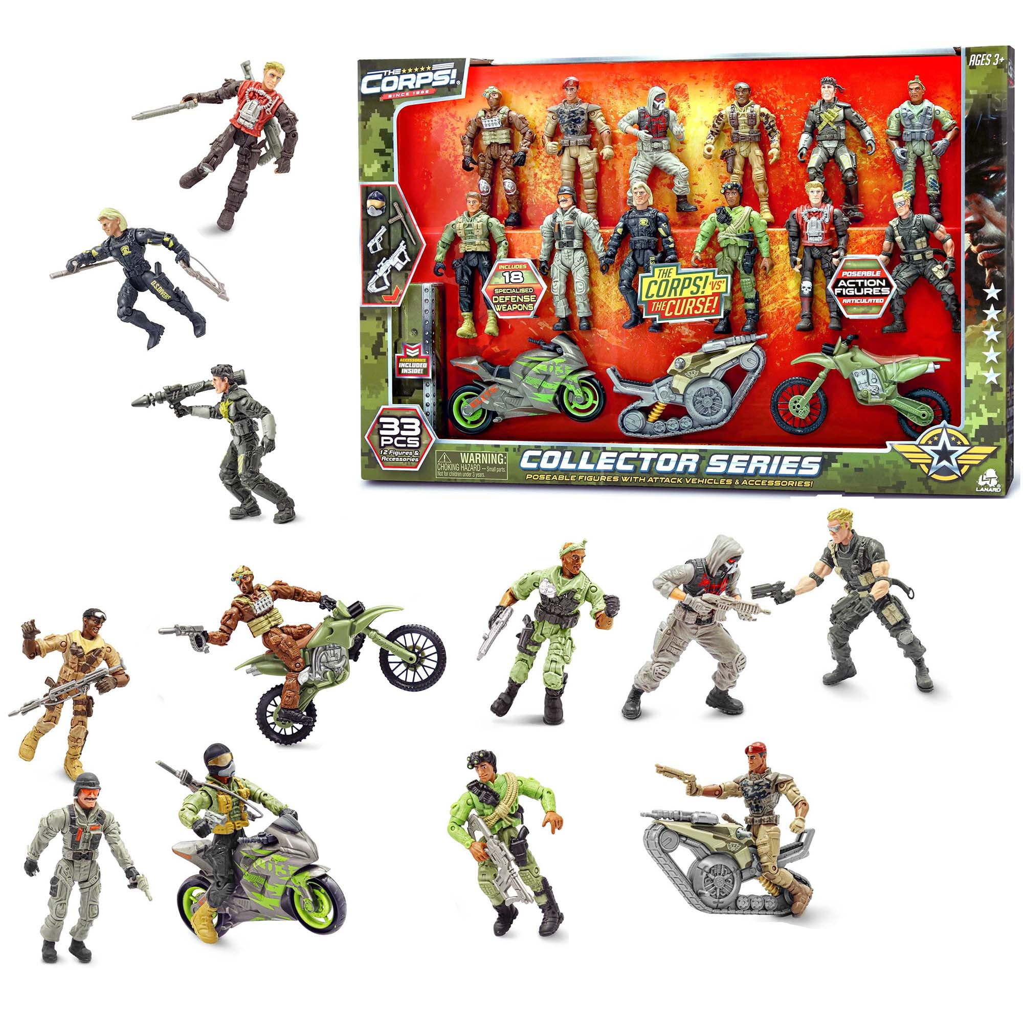 Lanard The Corps! Collector Series - 12 Pack Action Figures, Fully Articulated Poseable Combat Figurines, Military Toys, 21 Play Accessories, Kids 3+