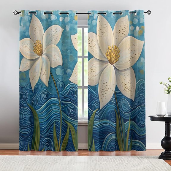 Abstract Floral Blackout Curtains, White Flower Drapes for Bedroom Living Room, Modern Botanical Grommet Window Treatments 26"W x 45"L (2 Pack)