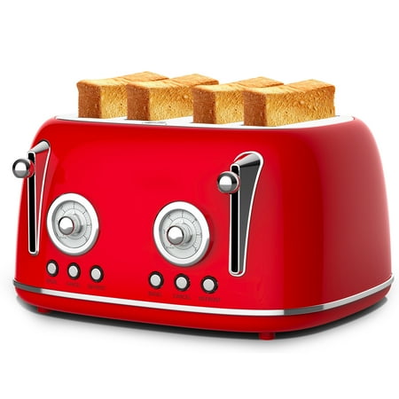 4-Slice Retro Style Toaster, Dual Control with Warming Rack, 6 Browning Settings, Bagel/Defrost, Stainless Steel, 1650W, Red