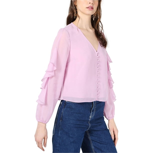 bar III Blusa con botones y mangas con volantes para mujer, rosa, grande