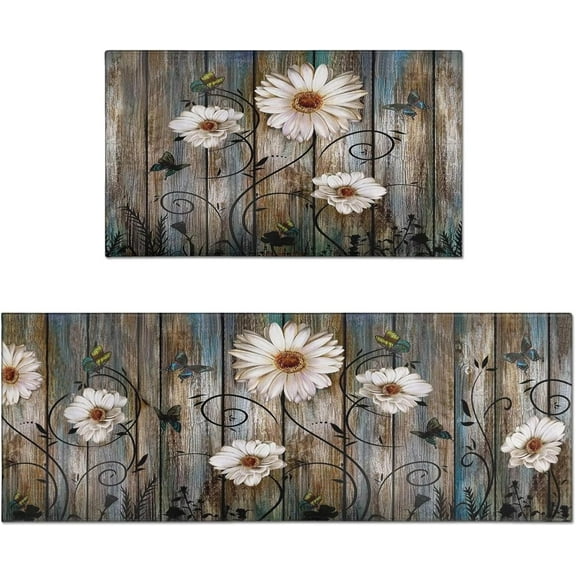 Farmhouse Floral Daisy Butterfly Kitchen Rugs Set of 2,Farm Vintage Rustic Flowers Kitchen Mats for Floor, Old Wood Grain Non-Slip Washable Sink Mats Home Decor Doormat+Runner Rug