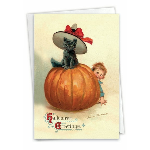 NobleWorks Halloween Paper Card with 5 x 7 Inch Envelope (1 Card) Vintage Pumpkin Kids - Cat C10187BHWG