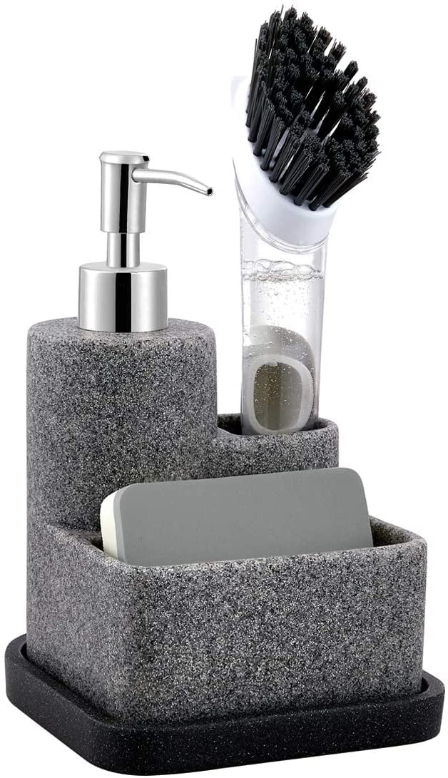 ZCCZ Soap Dispenser with Sponge Holder and Brush Holder, Marble Pattern  Kitchen Dish Soap Dispenser Pump Bottle Countertop