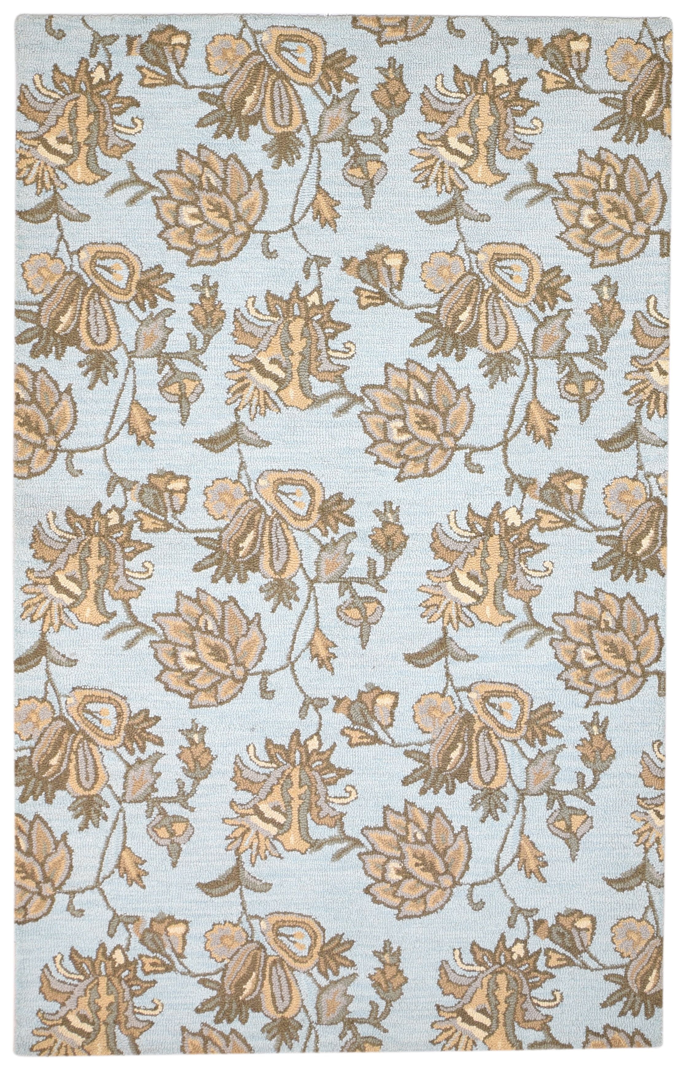 Wool Blue Rug 5' X 8' Modern Hand Tufted French Floral Room Size Carpet