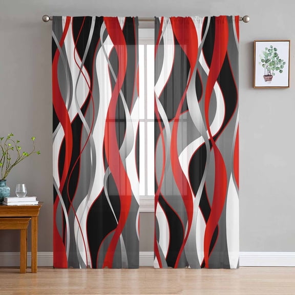 Red Stripe Sheer Curtains 84 Inch Length 2 Panels Set for Living Room/Bedroom, Grey White Ombre Geometric Modern Abstract Curtain Sheers Drapes Rod Pocket Curtains Window Treatment Set 52''x84''x2