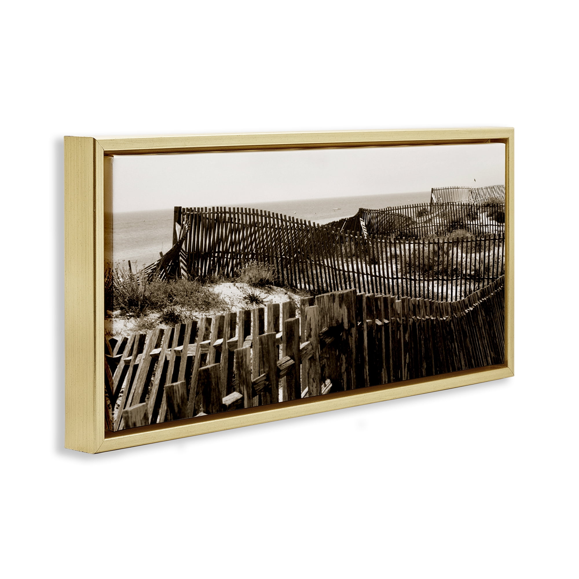 Stupell Industries Winding Beach Fence Landscape & Nature Photography Gold Floater Framed Canvas Art Print Wall Art, 31 x 14