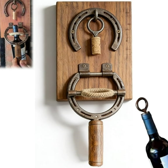 Rustic Horseshoe Wine Opener Corkscrew Wall Mounted, Manual Bottle Openers, Rustic Horseshoe Design Decor & Tool, Manual Wine Opener Gift for Home Bar Man Cave Wine Lovers