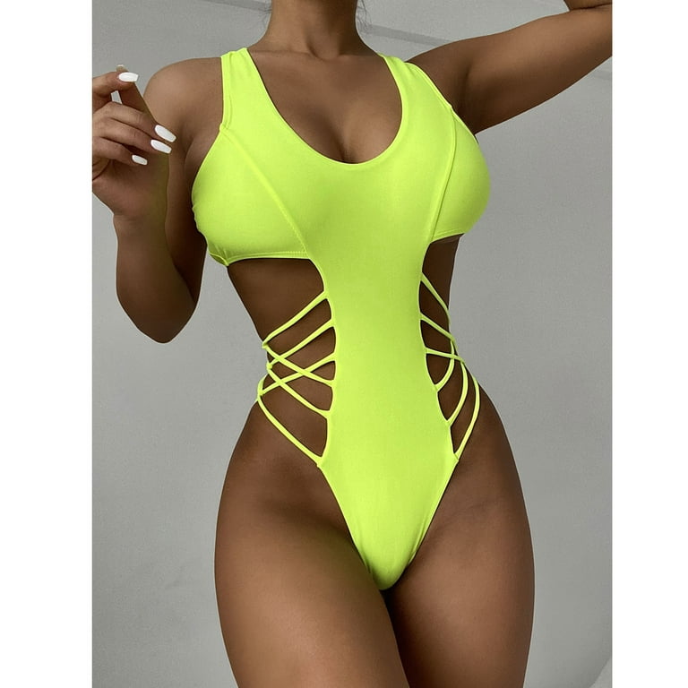 Slimming Full Coverage Mesh Tummy Control Swimsuits-Neon Green