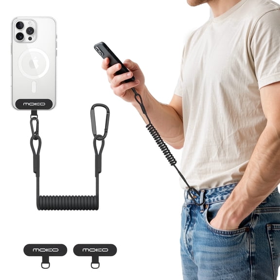 MoKo Retractable Phone Lanyard Strap, Anti-Theft Phone Tether Leash Harness with Carabiner Clip for Outdoor Hiking Skiing Fishing Kayaking, Fits iPhone and Most Smartphones, Black