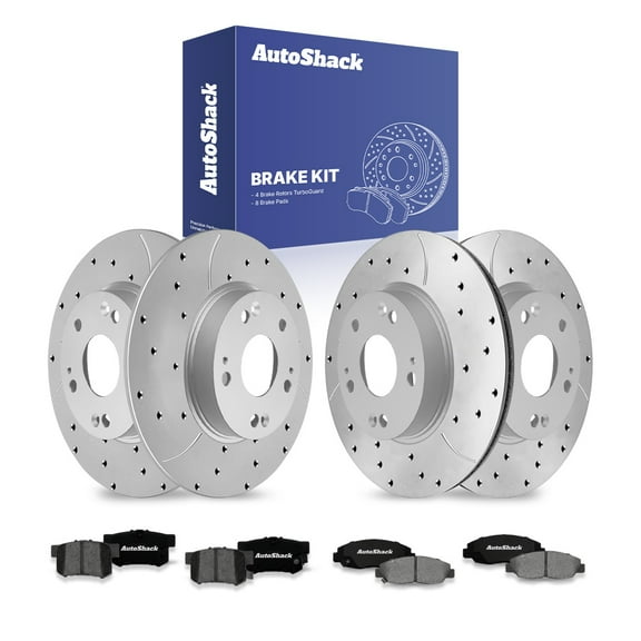AutoShack Front Vented & Rear Solid Drilled & Slotted Coated Brake Rotors Silver Matte Finish   Premium Ceramic Pads 12-PC Brake Kit Replacement for 2006-2011 Honda Civic TurboGuard
