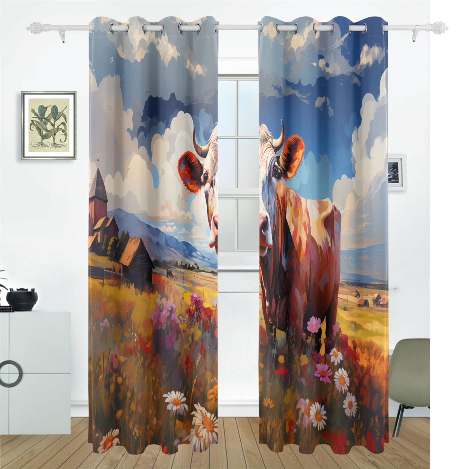 Cow Sky Flowers Grass Houses Black Out Curtains 72 Inch Length Curtains for Sliding Glass Doors Bedroom Living Room 2 Pack