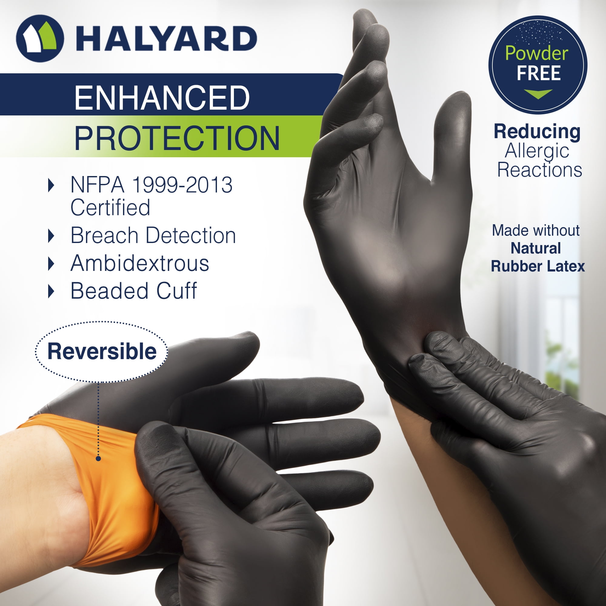 HALYARD Black-FIRE Nitrile Exam Gloves with Quick Check Box of 150, Black/Orange - 5.5 mil, 9.5 Inches Size Medium, Breach Detection, Powder-Free Disposable Gloves, 44757