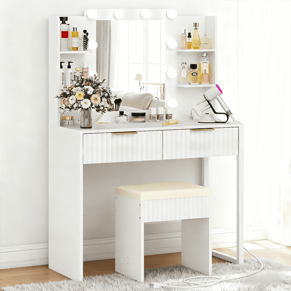 Zimtown Modern Makeup Vanity Table Set with LED Lights , Mirror and Charging Station, Dressing Desk with 2 Drawers for Bedroom, White