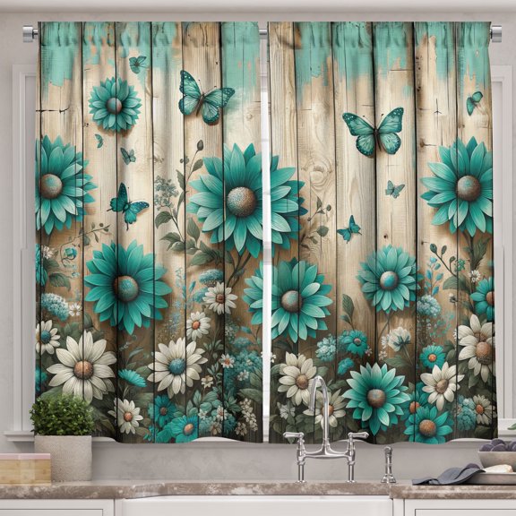 Ambesonne Rustic Kitchen Curtains, Farmhouse Cold Tone Daisies, 55"x45", Turquoise and Grey Yellow
