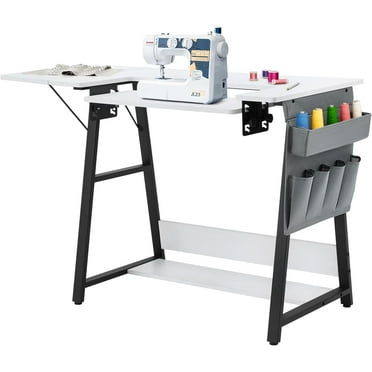 Folding Multipurpose Sewing Table, Hobby and Sewing Machine Table with Adjustable Shelf and Side Pocket- Can Also Be Used as Computer Desk, White