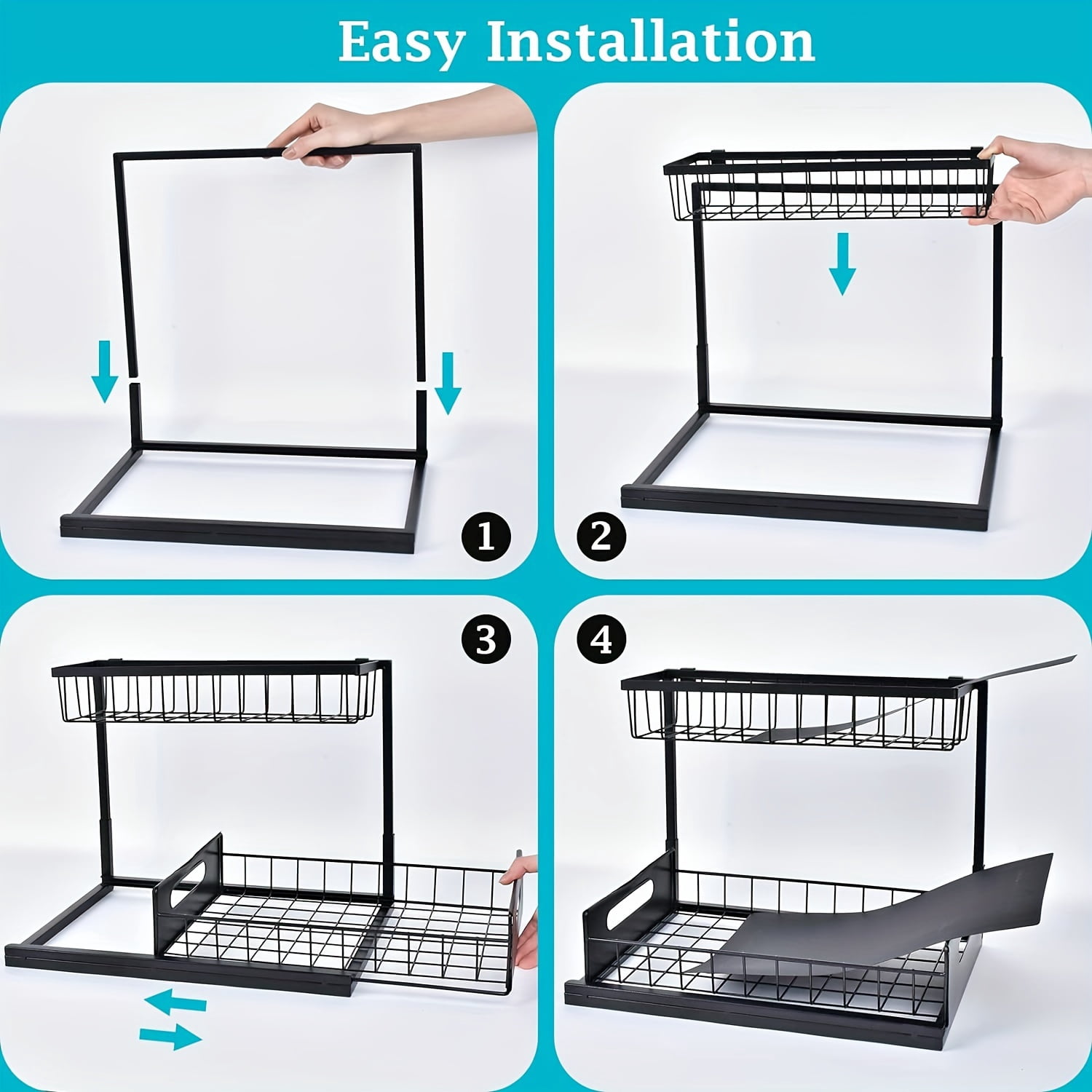 2-Tier Slide-Out Under Sink Organizer - Heavy-Duty Cast Iron Pull-Out Cabinet Shelf with Adjustable Compartments, Space-Saving Storage for Kitchen & Bathroom Cabinets