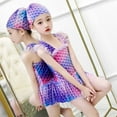 thumbnail image 2 of RUTAYY Toddler Girl Swimsuit Summer Sleeveless Printing Swimwear Beach Ruffles Swimsuit Bikini Hat Set Quick Dry, Purple, 5-6 Years, 2 of 5