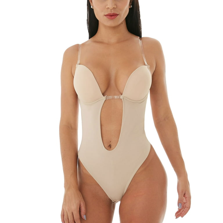 Defitshape Women's Backless Body Shapewear Seamless U Plunge Bodysuit  Bridal Thong Shaper Khaki 36 fit 36C/36D