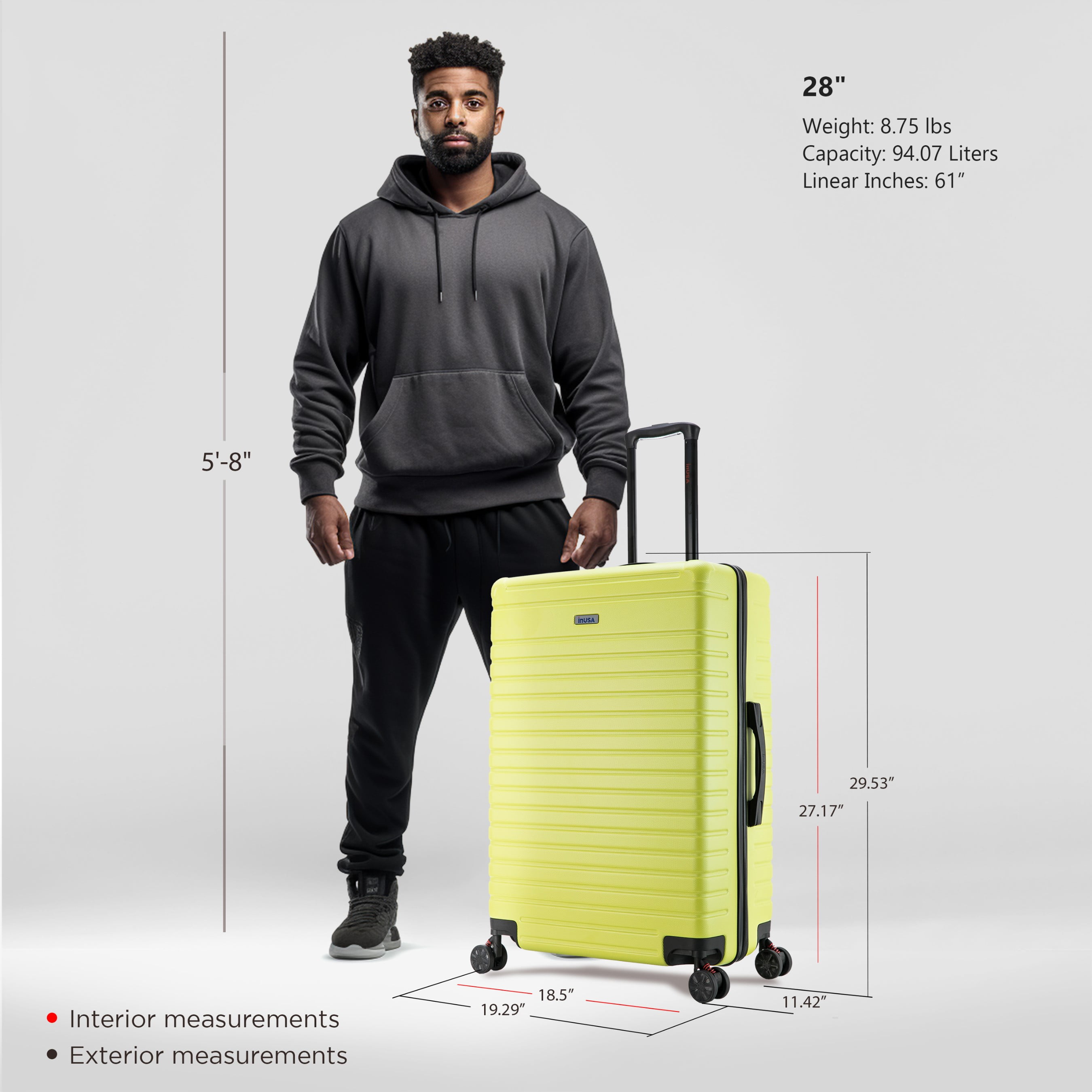 InUSA Deep 28" Hardside Lightweight Luggage with Spinner Wheels, Handle, Studs, Trolley, Green