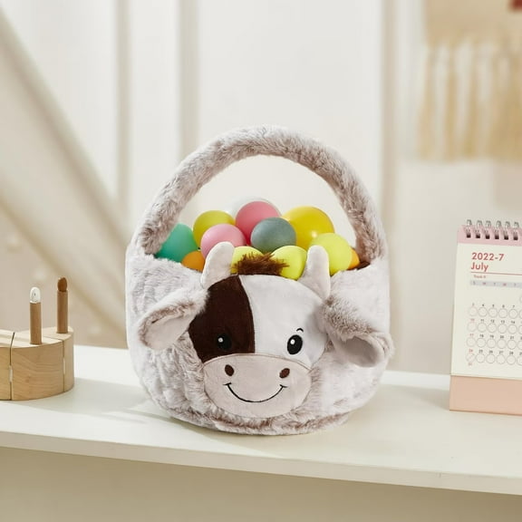 SENIURIS Cute Plush Cow Basket Easter Eggs Storage Bag with Furry Ears for Kids Party Decorations Supplies.