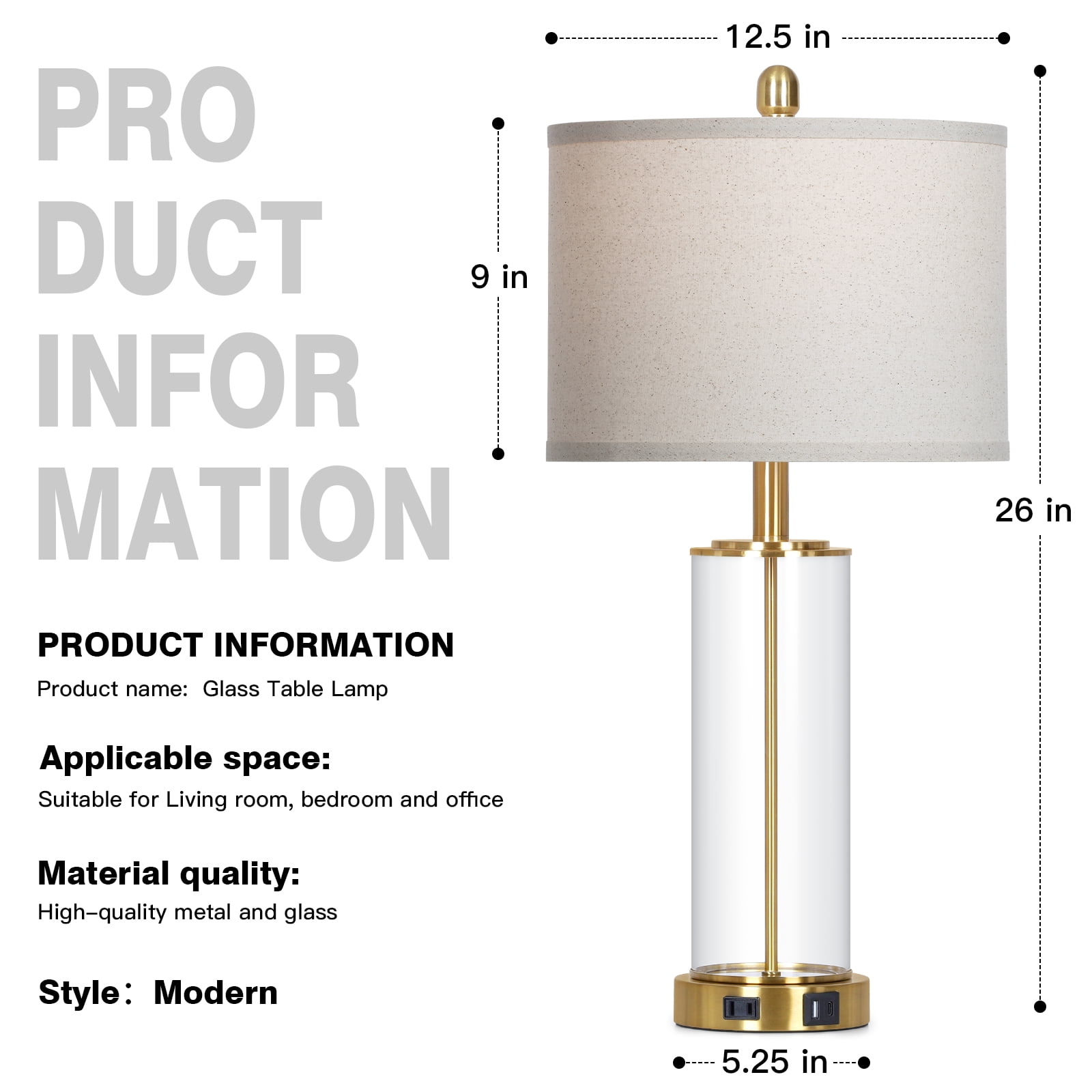 Cinkeda Industrial Gold Table Lamps Set of 2 for Living Room Bedroom 26" Tall Modern Clear Glass 3 Way Dimmable Touch Control Bedside Nightstand Lamp with USB C+A Ports AC Outlet