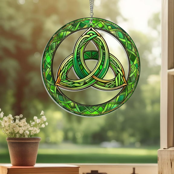 AatoeaX Celtic Knot Triquetra Ornament: Intricate Stained - Glass Art, Transparent Acrylic, Hanging Decor for Spiritual Spaces, Celtic Fans & Window Accents