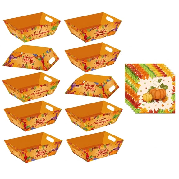 Thanksgiving Party Supplies, 32 Pcs Thanksgiving Paper Food Trays and Napkins Set, 12 Fall Paper Plates Trays & 20 Pumpkin Paper Napkins, Autumn Harvest Decor Thanksgiving Tableware Set