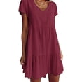 thumbnail image 6 of Abcnature Summer Dress, Casual Dresses for Women Casual V-Neck Short Sleeve Folding Solid Dress, Plus Size Dress Beach Sundresses Mini Dress Wine XL, 6 of 6