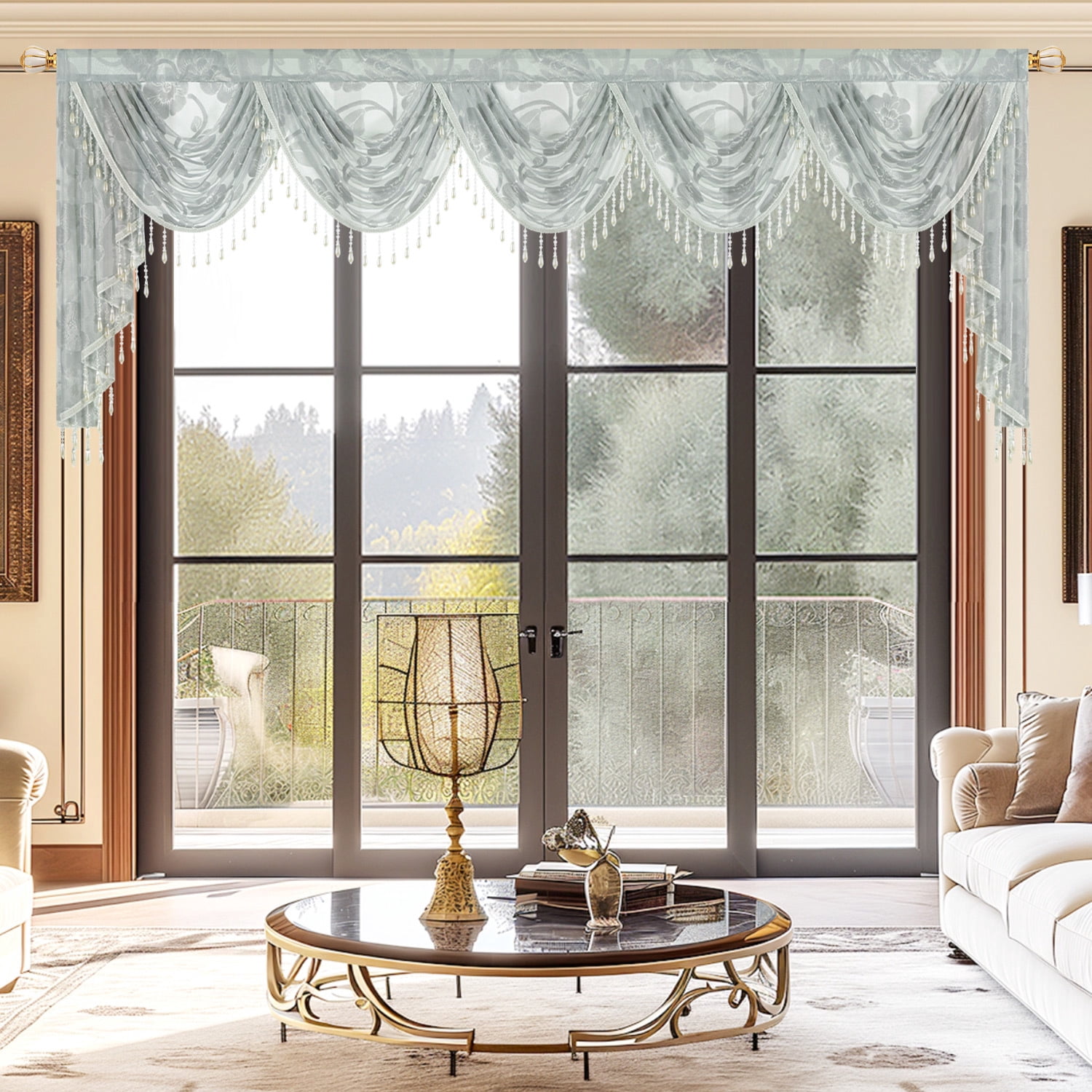 VOGOL Gray Beaded Floral Jacquard Waterfall Valance, Extra Wide Sheer Curtain, 43x138 inches, Modern Farmhouse Window Decor