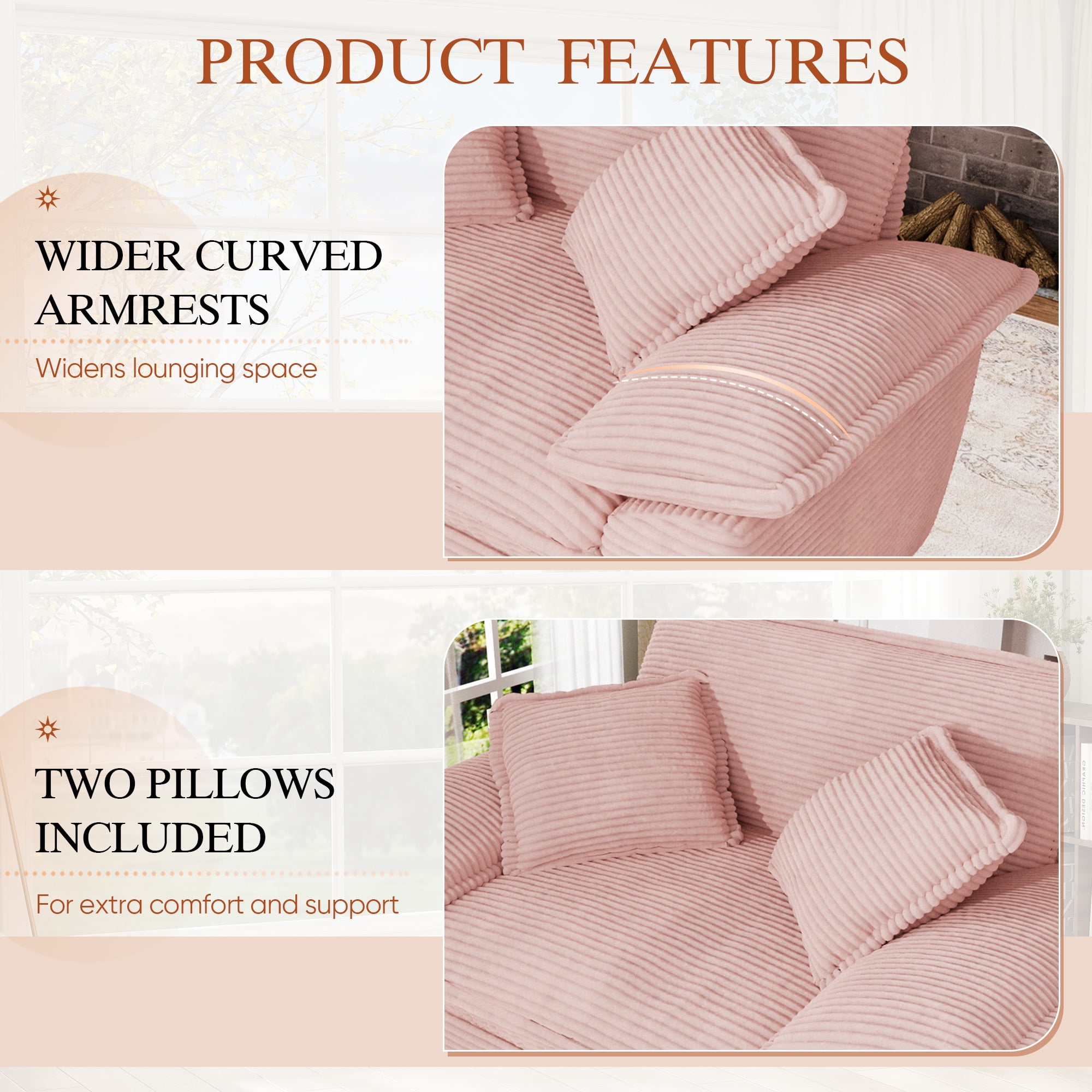 Muumblus Oversized Accent Chair with Ottoman, 48" Indoor Chaise Lounge Cloud Sofa Reading Armchair for Modern Living Room, Bedroom, Pink Corduroy
