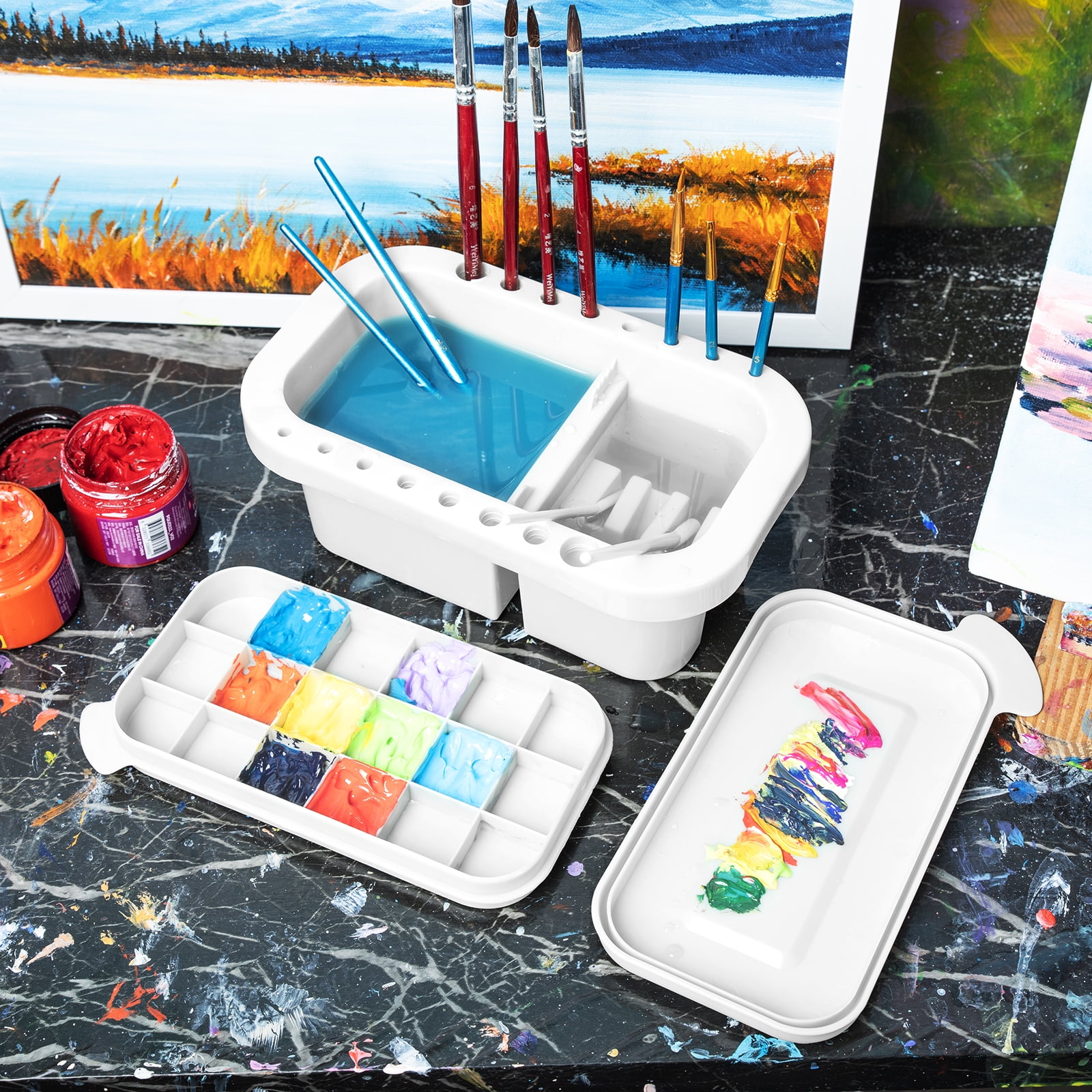 Wrapables Paint Brush Cleaner, Artist Paint Brush Holder with Palette Tray and Handle for Acrylic, Watercolor and Water-Based Paints