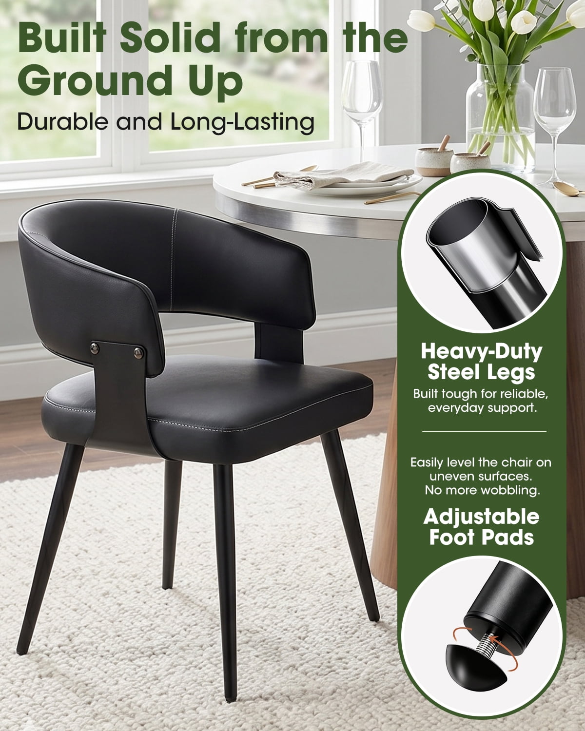 Modern Kitchen Chair Set of 4, Upholstered Faux Leather Dining Chairs with Curved Back, Easy Assembly for Dining Room Restaurant Cafe, Black